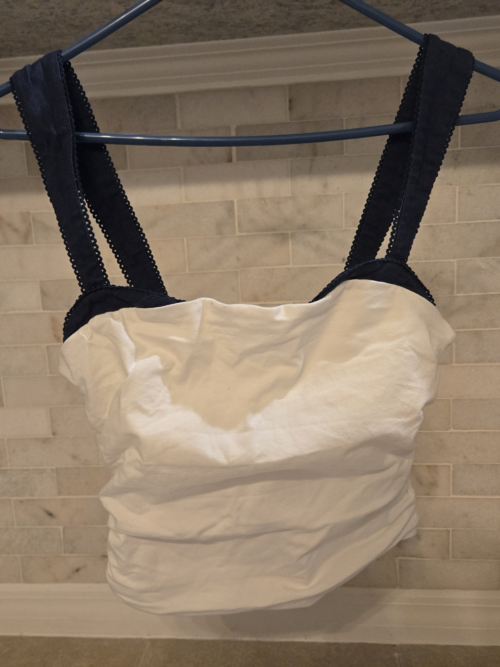 Free People Cotton Tank Top with Contrast Navy Straps - White